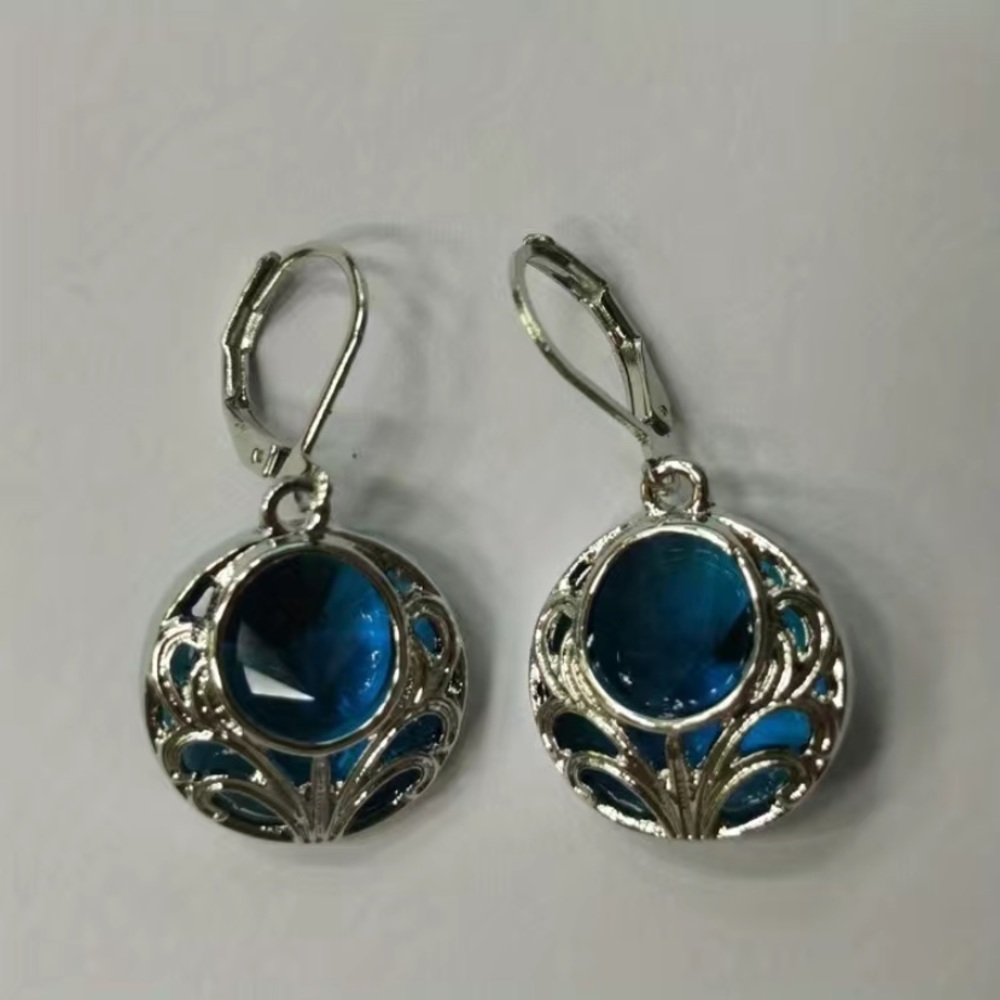 Peacock Blue Stone in Silver Plate Earrings